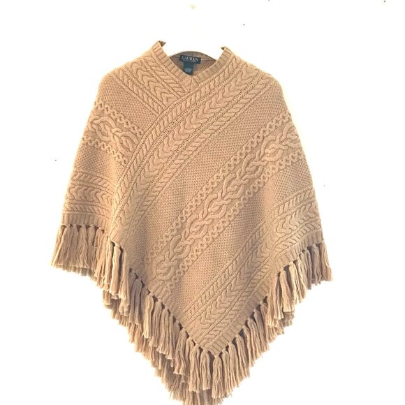 Lauren Ralph Lauren poncho brown women's S/M cable knit fringe lambswool boho - Picture 1 of 6